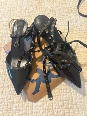 Valentino Black Patent Pointed Toe Rockstud Slingback Heels